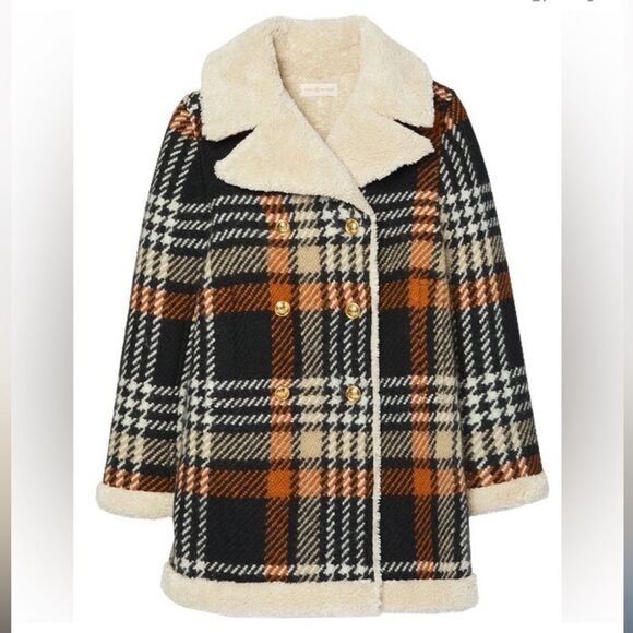 Tory Burch Plaid Shearling Blanket Madras Coat - Picture 2 of 9